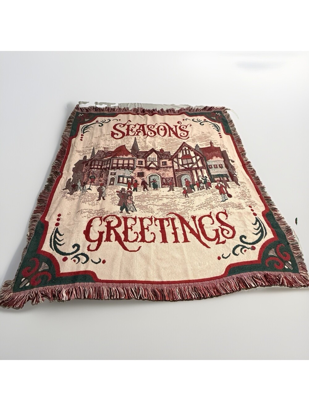Seasons Greeting Winter Christmas Villge Scene Throw Blanket 51x58 Tapestry